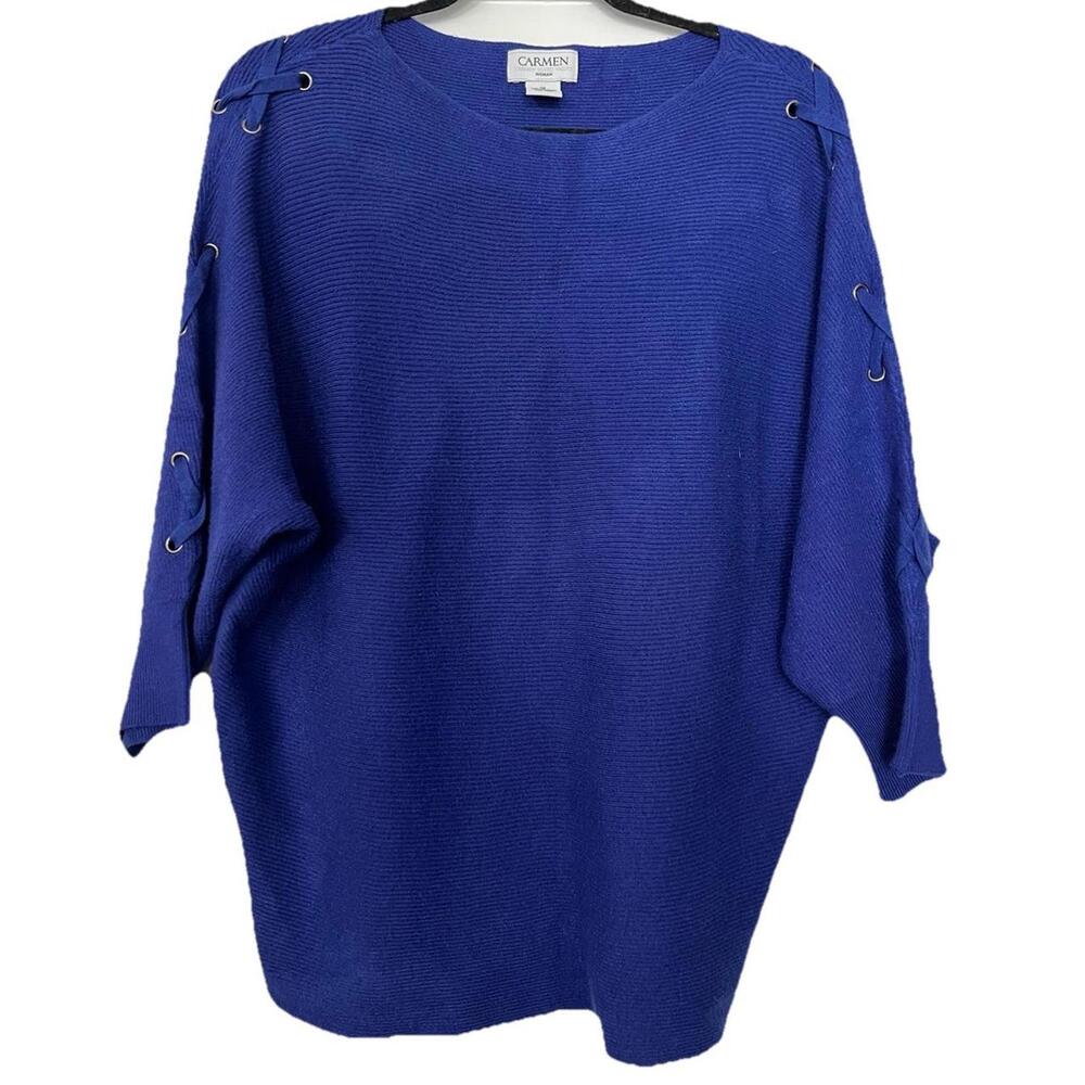 Carmen Marc Valvo Woman Blue Lace-Up Sleeve Sweater Top Size 1X